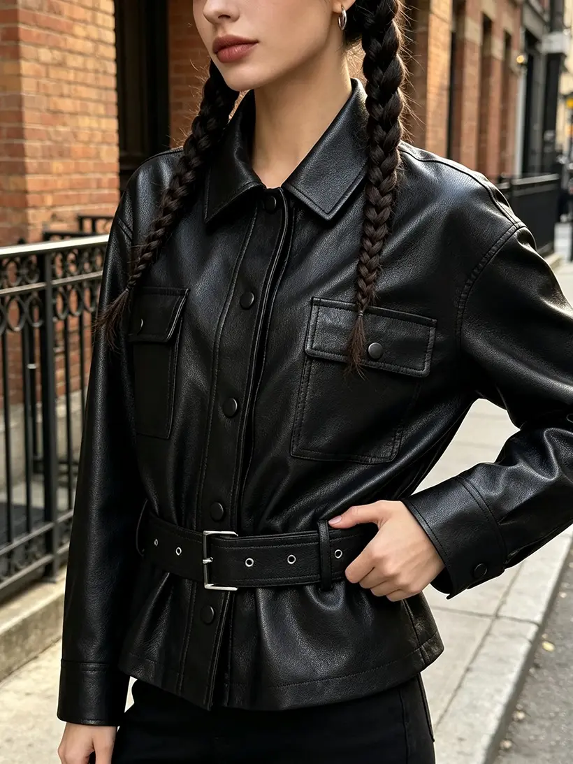 Women’s Faux Leather Long Sleeve Cropped Jacket - Belted, Basic, Casual, Sweet-Chic Motorcycle Style PU Coats for Parties sohochic
