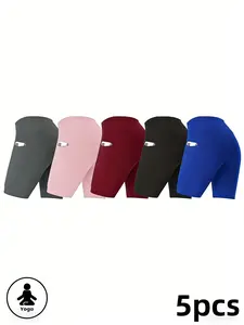 5-pair high-waist solid-color yoga shorts, made of breathable and comfortable fabric, suitable for various scenarios such as summer exercise, fitness, and cycling. These are women's sports shorts and running fitness pants.