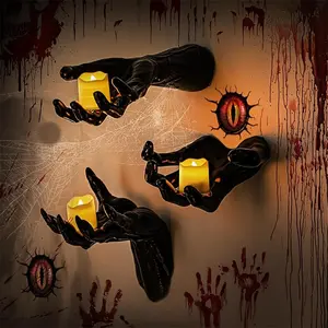 Halloween Horror Decoration Indoor Set, 3-Piece Wall-Mounted Ghost Candle & Life-Size Hands, Vintage Gothic Home Decor