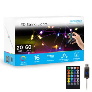 Enbrighten Basics LED Color Changing Fairy String Lights 60 Lights 20ft USB Powered 16 Colors Dimmable with IR Remote and Timer for Home Decor