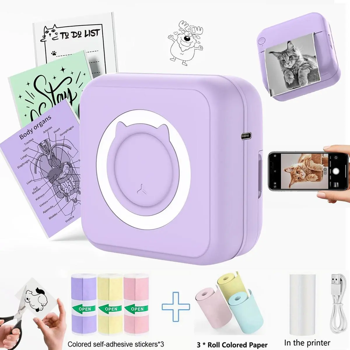 Portable Mini Sticker Printer, Portable Handheld Printer, 1 Count USB Rechargeable Wireless Inkless Thermal Pocket Printer with 6 Rolls Thermal Paper & Sticker, Portable Receipt Printer for Photo Journal Notes Memo