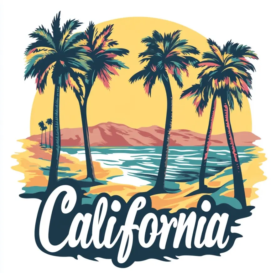 California Beach Sunset Car Decal – Retro Palm Trees Ocean Wave Sticker – Vintage Aesthetic Coastal Summer Travel Vibes – Cool Scenic Window Vinyl for SUV, Van, Laptop, Tumbler, or Water Bottle. California symbol vehicle decoration
