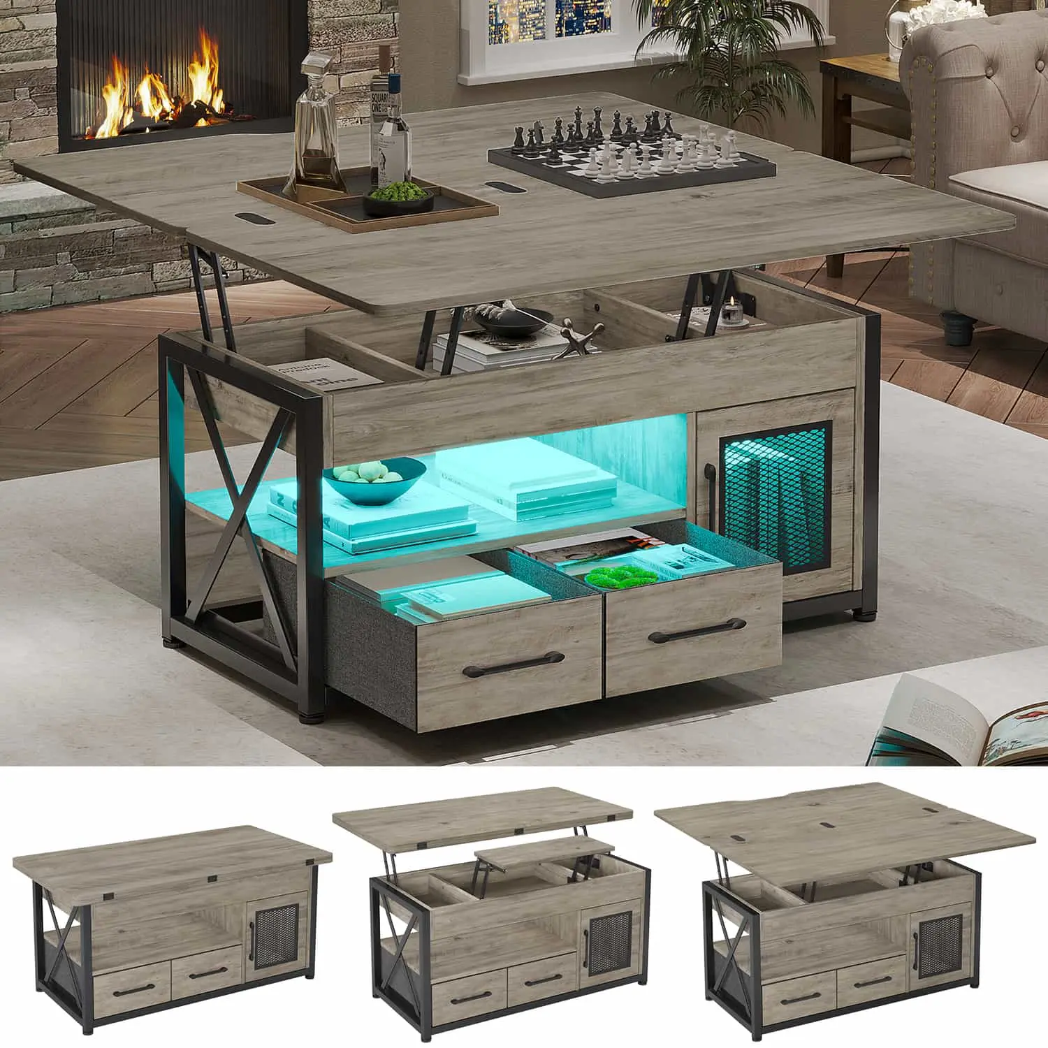Sikaic Lift Top Coffee Table with Storage, Grey Modern Coffee Table with Enclosed Storage and Open Shelving for Living Room Furniture