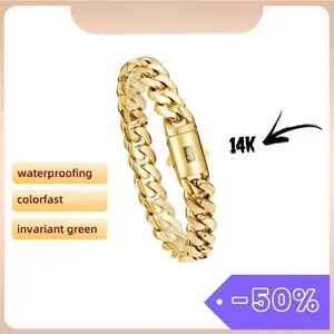 14K Gold Vacuum Plated Stainless Steel With Copper Black "S" Ear Clasp Miami Cuban Link Chain 8-14mm Bracelet Italy Mexico & Micro Inspired for Women & Men Luxury Jewelry,Daily Wear,Fashion,Gift,Chicano,Classic,Hip Hop,Simple,Sporty,Lgbt