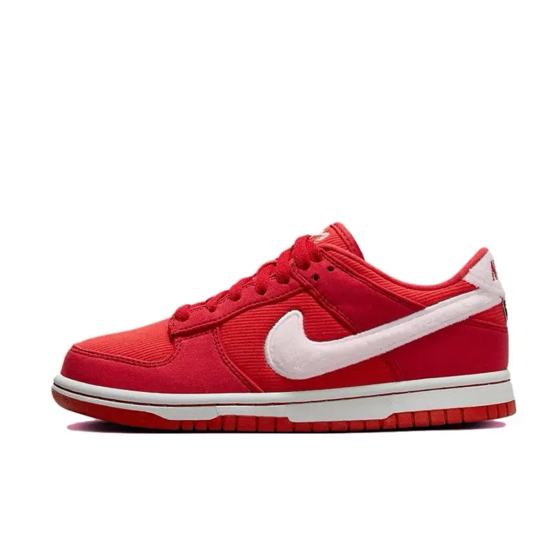 Women’s-Youth Nike Dunk Low Valentine’s Day Red Pink Sports Shoes, Flat Sneakers, Crisp White Base, Heart Accents, Cushioned Sole, Reliable Rubber Outsole, True-To-Size, Daily Wear Athletic Trainers