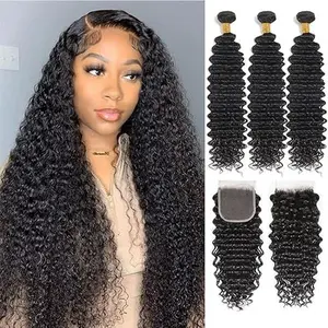 summervibes 12A Human Hair Bundles 3 Bundles With 4*4 Lace Closure 22 24 26+20"Closure Deep wave Bundles Human Hair Raw human hair bundles 100% Unprocessed Brazilian Virgin Deep Wave Human Hair Weave Bundles with Closure Natural Color