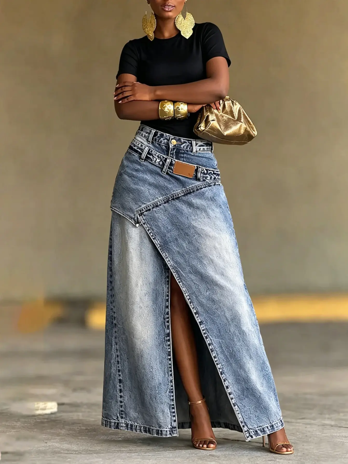 Women's Vintage-washed High-waist Denim Midi-long Skirt With Irregular Spliced Slit Design, Suitable For Spring, Summer, Autumn And Winter