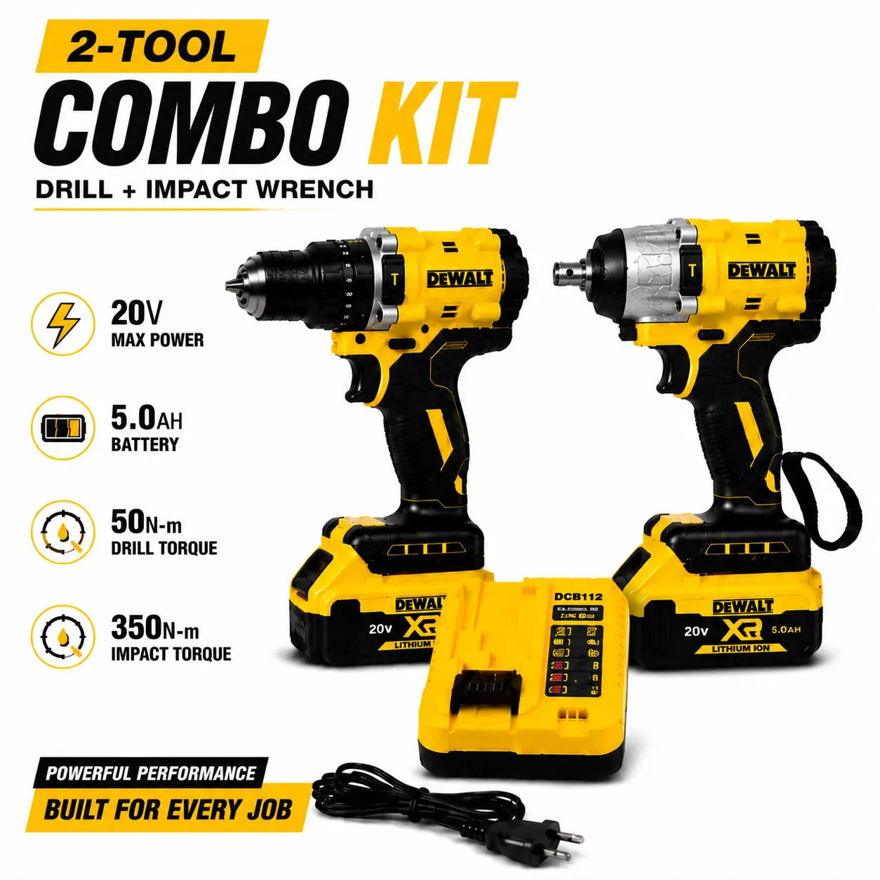 ()DEWALT Yellow Drill & Wrench Combo Kit,Cordless Drilling & Fastening Tool Set,Durable Metal Gear + High Strength Plastic Housing, High Torque Lightweight Design, Power Tool Combo Kit DIY Home Improvement Garage Workshop Essentials, Home Repair Projects