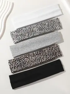 5pcs Women's Leopard Print Striped Headbands, Soft Elastic Durable Workout Headband Training Headband Sport Yoga Running Spa Hair Bands, Unisex Fashion Hair Accessories