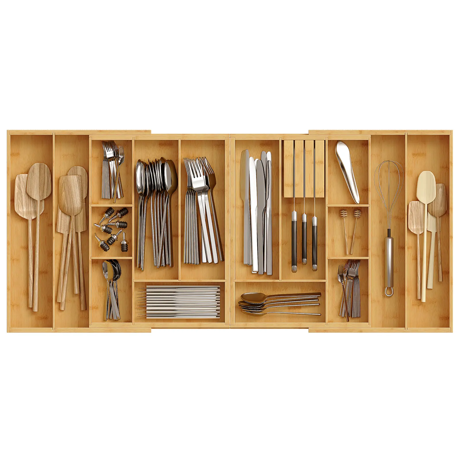 HOOBRO Bamboo Silverware Drawer Organizer Kitchen, Expandable Utensil Organizer From 22 to 35 Inches, Multifunctional Adjustable Wooden Drawer Organizer with Knife Block, Non-Slip, Natural