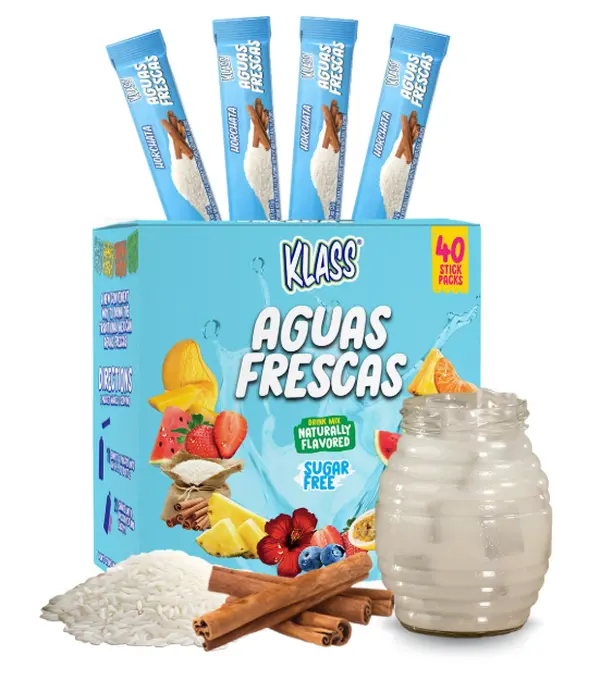 Klass Aguas Frescas, Powdered Drink Mix, 40 Singles Zero Sugar & Caffeine-Free Powder Packets, Water Drink Mix, Flavor: Horchata - 5 Calories Per Packet & Natural Flavors