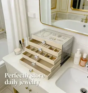 5-Layer Velvet Jewelry Box with Clear Lid, Large Capacity Jewelry Organizer Storage Case for Rings Earrings Necklaces Bracelets, Acrylic Display Jewelry Holder Drawer Organizer for Women Girls, Vanity Dresser Countertop Storage Box