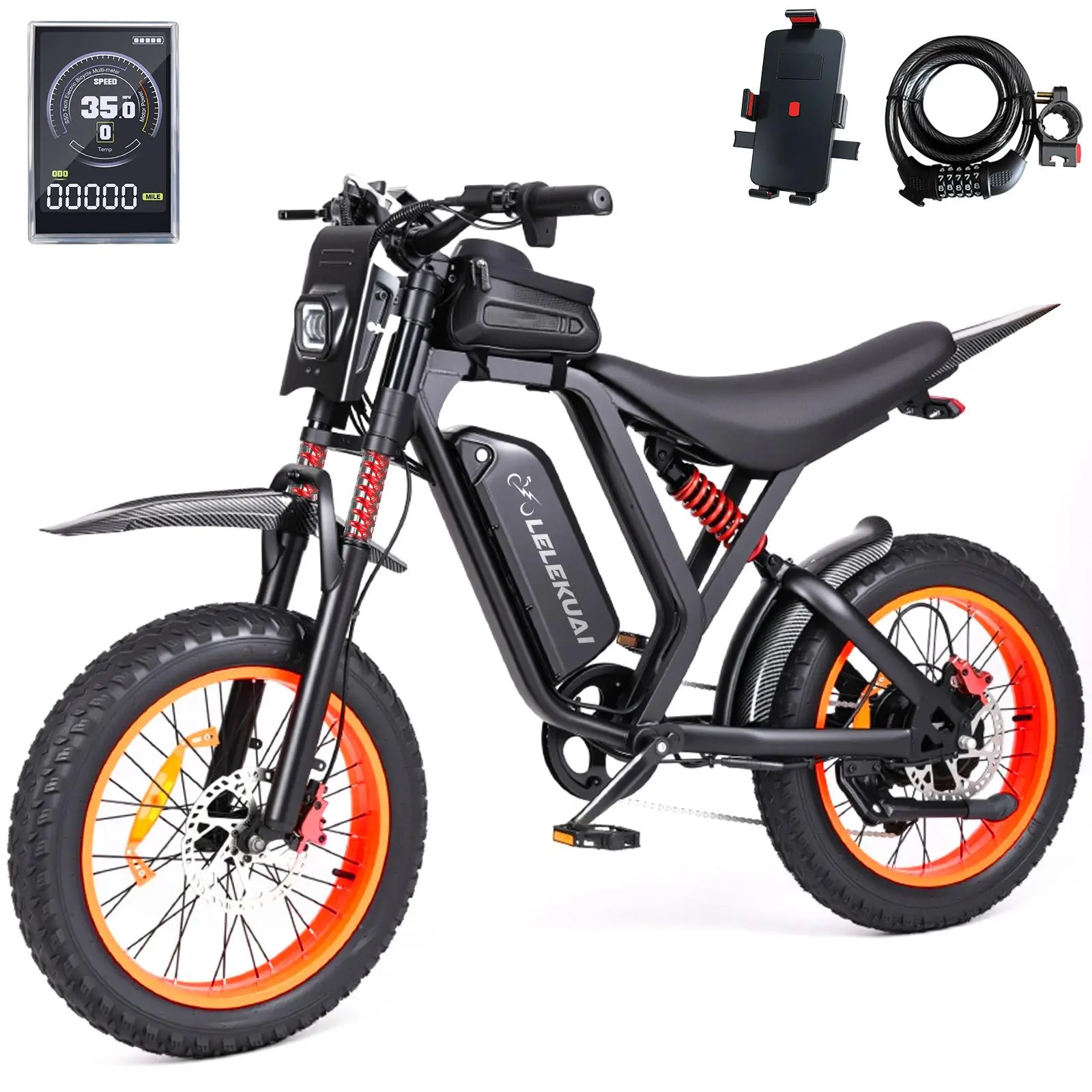 JX Adult Electric Mountain Bike (Coil Fork MTB), 2000W Peak Motor, 35MPH Top Speed, 55 Mi Range, 48V 18Ah Battery, 20" Fat Tire Moped Ebike, Hydraulic Brakes, Dual Suspension Coil Fork, Mountain Bikes