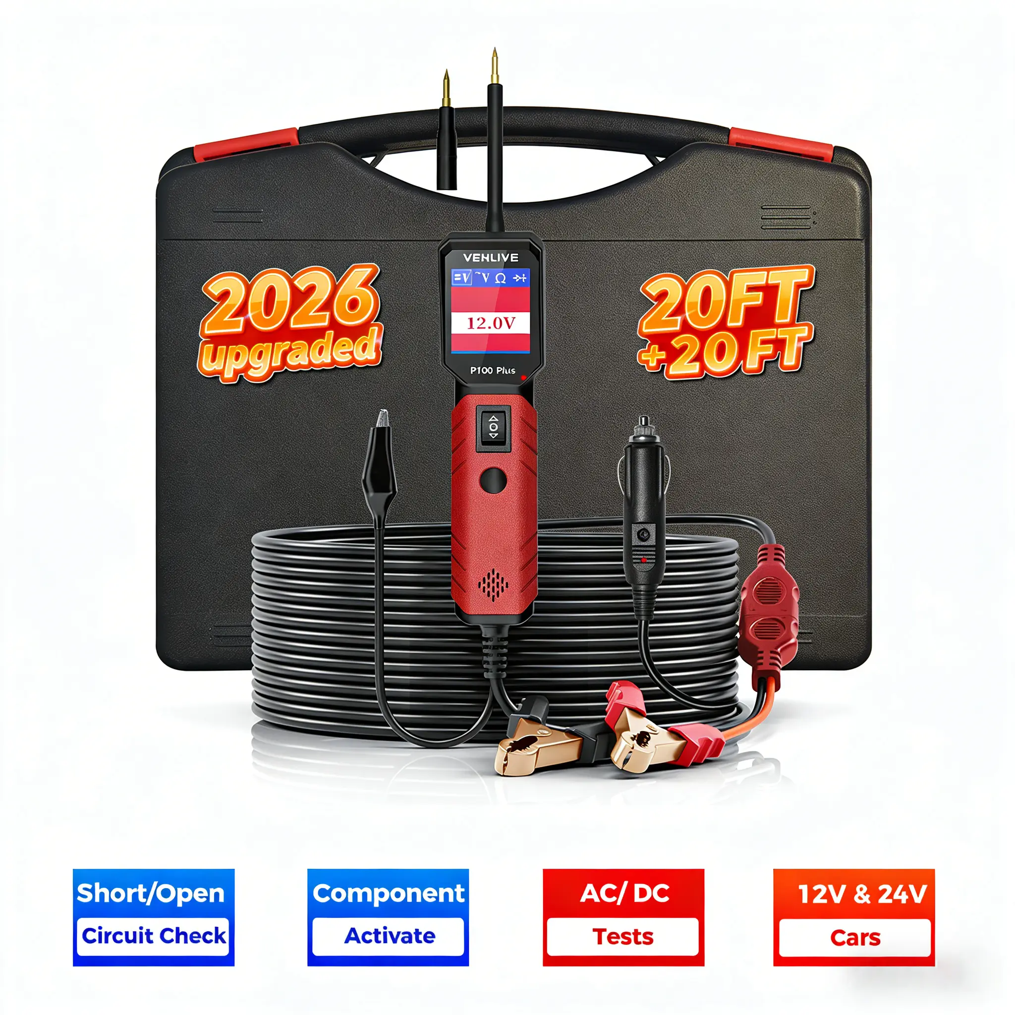P100 Plus Automotive Power Circuit Probe Tester 12V 24V Car Automotive Diagnostic Test Tool Digital Volt Ohm Meter W/Overload Protection Circuit Fault Finder w/ 40FT Cable & Angled Screen, Vehicles, Mechanics, 12V & 24V Cars, 12V/24V Power Sources