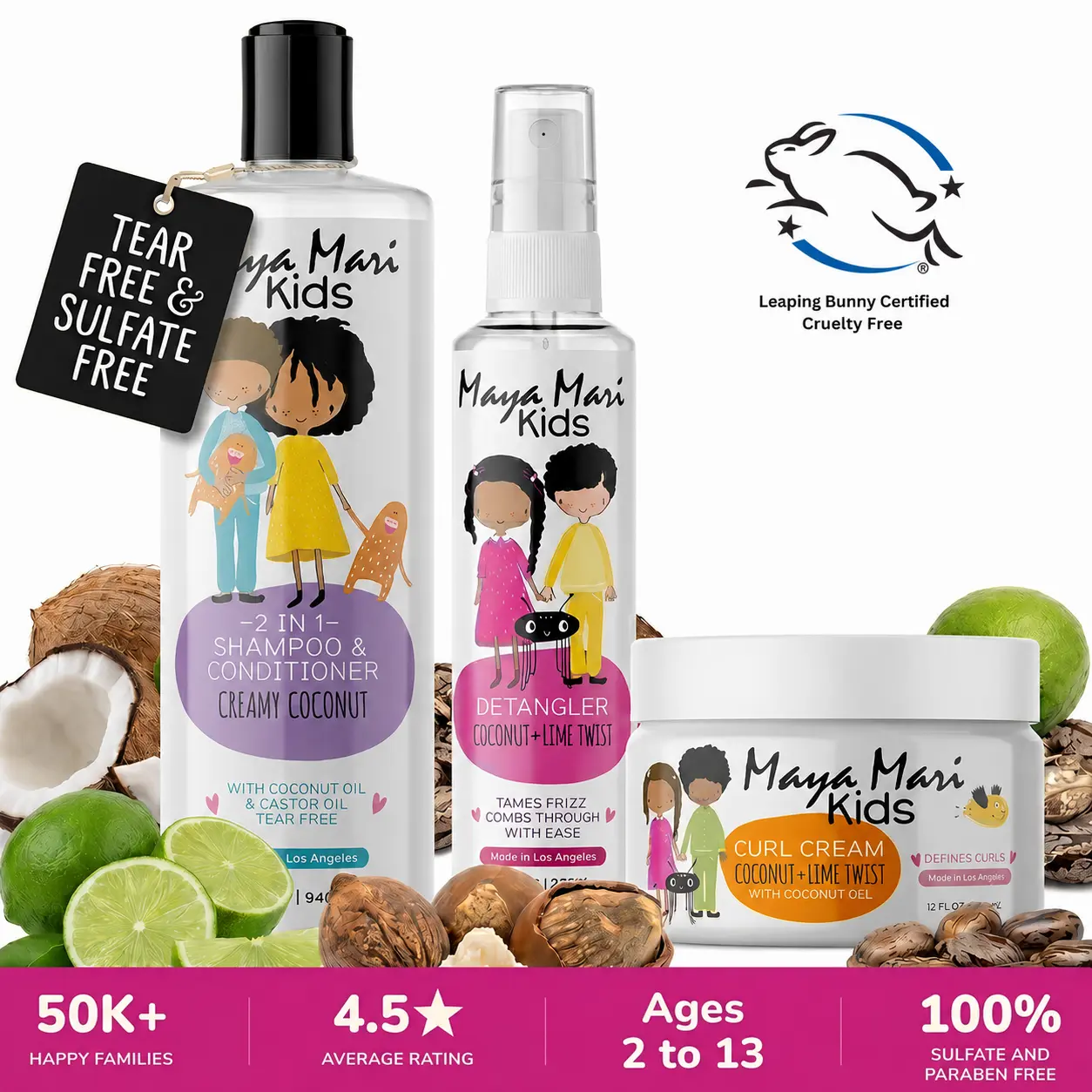 Maya Mari Kids Unisex Youth Curly Hair Products 3-Piece Dry Haircare Set - Gentle Coconut 2-in-1 Shampoo Conditioner, Hair Cream, Detangler Spray for Daily Cleansing, Moisturizing