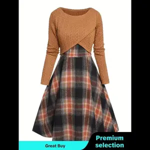 Women's Solid Wrap Hem Round Neck Textured Long Sleeve Crop Top & Plaid Print A-line Dress Suits Set, Preppy Fashion Comfort Skirt Set for Women's Clothing for Fall, Womenswear, Teacher Outfits 2024 Hoco Dresses