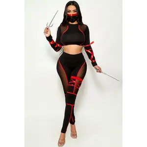 Black Red Long Sleeve Full Length Fitted Mesh 5Pc Sexy Ninja Costume