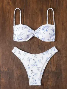 Two-Piece Set Women's Ditsy Floral Print Twist Backless Bikini Set, Spaghetti Strap Tie Back Swim Top & High Cut Swim Bottom for Swimming, Ladies Swimwear, Swimsuit Women, Clothes for Women