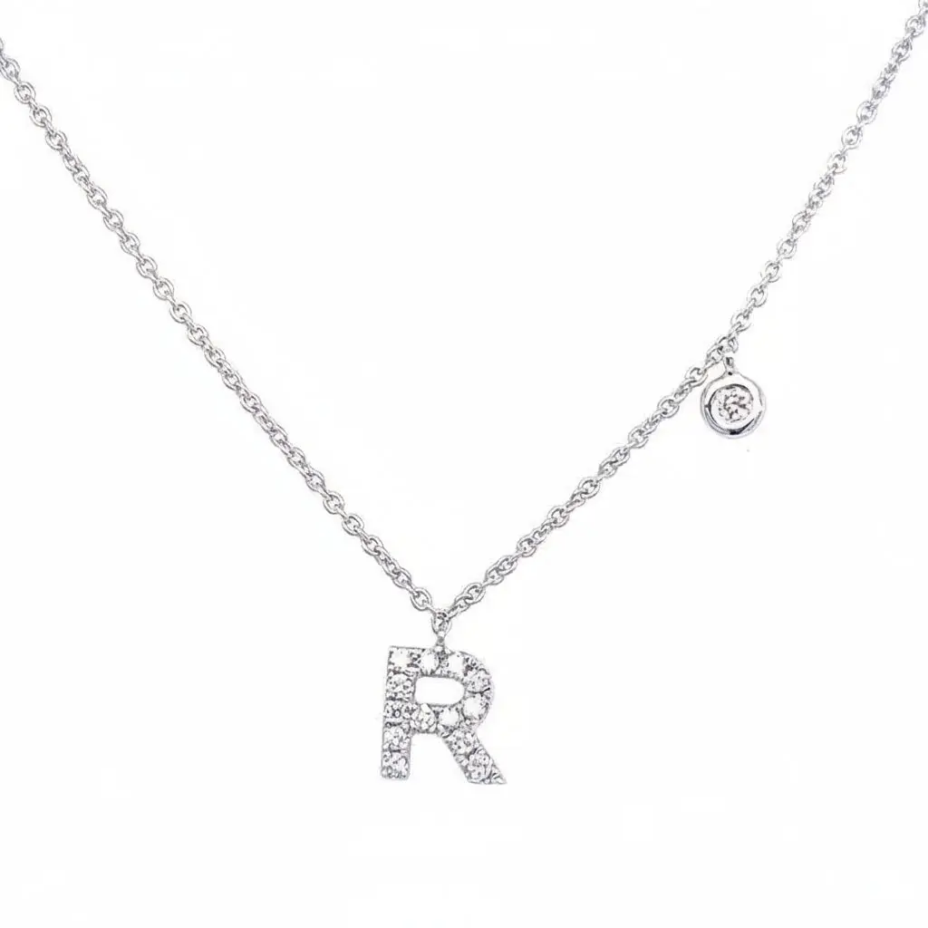 Initial Necklace Letter R with Diamond – 14k White Gold