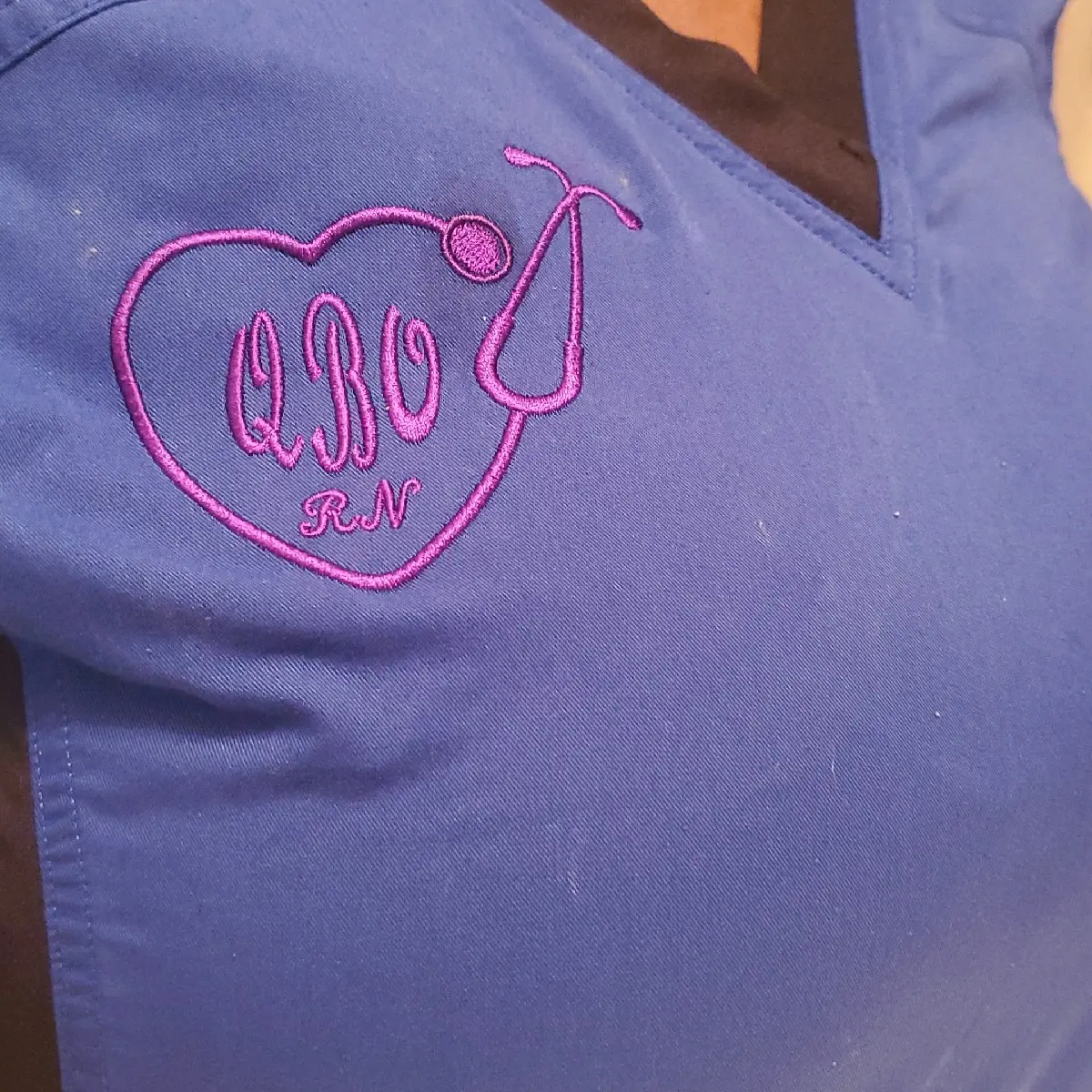 Custom Stethoscope and Monogram Initials Embroidered Design on Women's Scrub Top Shirt
