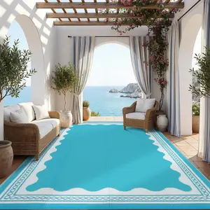 Scalloped Pattern Outdoor Rug Double-Sided Reversible Plastic Straw Rug Modern Solid Color Outdoor Rug Waterproof Foldable for Patio Garden Balcony Beach Picnic RV