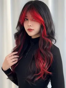 Black-to-red gradient highlight long wavy wig for women, full headpiece; middle part, big waves with a vibe look; suitable for everyday wear and Halloween parties; trending wig.