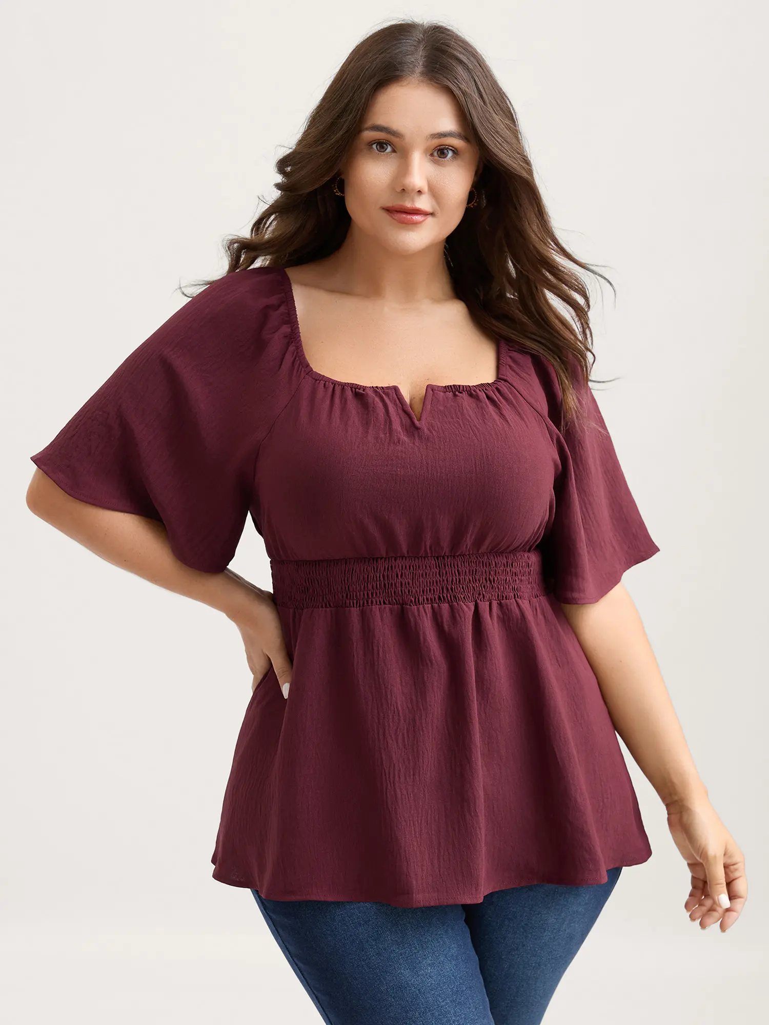 BloomChic Women's Plus Size Burgundy Square Neck Shortsleeve Fitted Polyester Blouse - Smooth Fabric, Neck-Lengthening, Waist-Cinching Ribbed Style, 2026 Summer Formal Casual [M-6X] Pick (Plus Size Fashion, Women's Clothes)