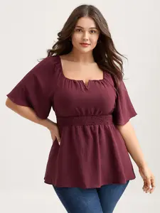 BloomChic Women's Plus Size Burgundy Square Neck Shortsleeve Fitted Polyester Blouse - Smooth Fabric, Neck-Lengthening, Waist-Cinching Ribbed Style, 2026 Summer Formal Casual [M-6X] Mother's Day Pick (Plus Size Fashion, Women's Clothes)