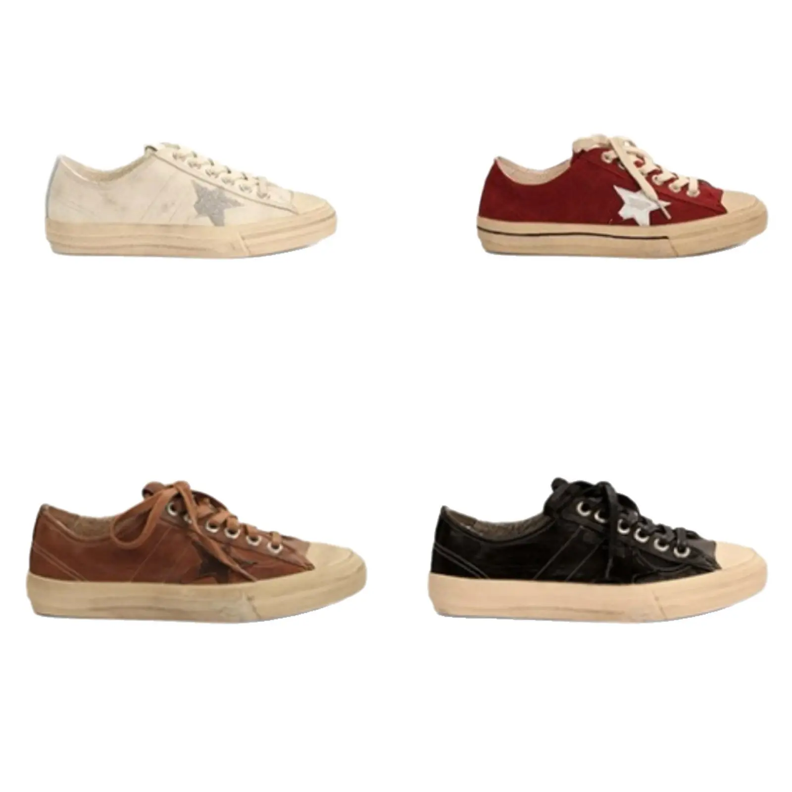 2026 New Model Horsehide Vintage Round-Toe Low-Top Versatile White Sneakers, Dirty Look Shoes, Star Pattern Casual Board Shoes for Women in Spring and Autumn