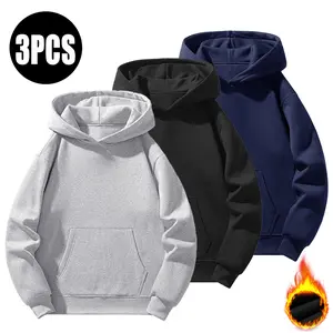 Men's 3-Piece Basic Fitted Minimalist Fleece Hoodie Set - Menswear Tops, Long Sleeve Sweatshirts, Wool-Blend Unisex Autumn Winter Sporty Casual Outfit (Gray + Black + Blue)