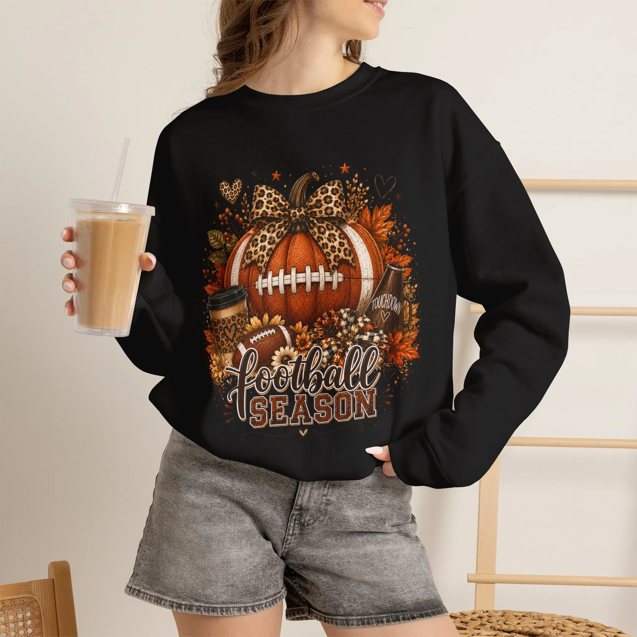 Men's Cotton Blend Tubular Knit Crewneck Sweatshirt - Football Season Pumpkin Print, Leopard Print, Long Sleeves, Bow Detail, Regular Fit, Autumn Accents, Cold Wash Compatible Casual Wear