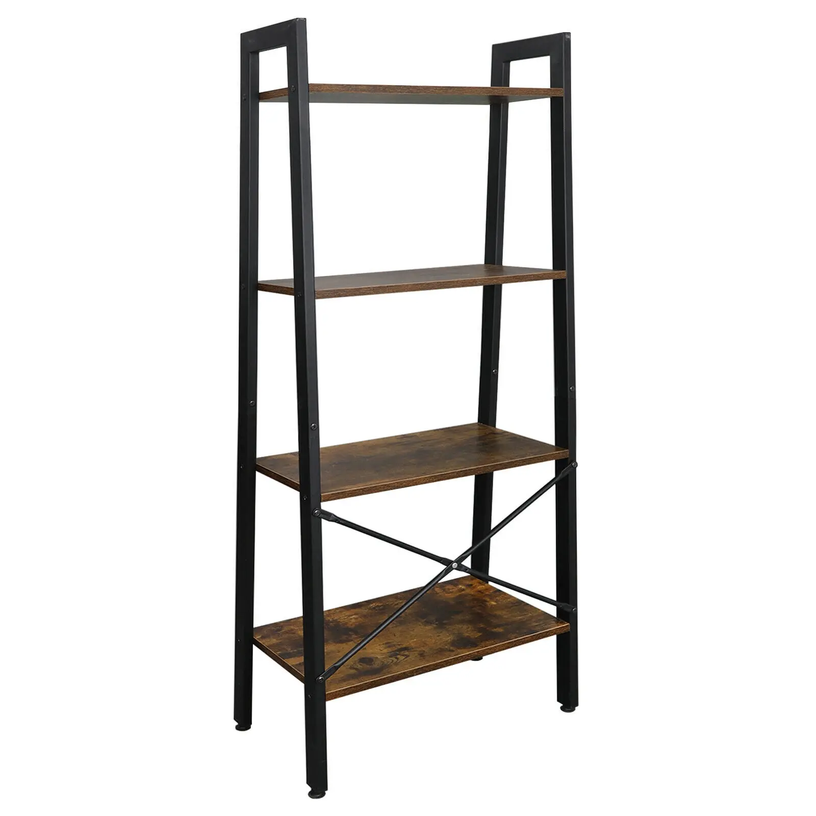 Segawe 4-Tier Industrial Aesthetic Durable Metal Ladder Bookshelf - Brown & Black Wooden Home Organizer, Collectibles Shelf Rack for Balcony, Bathroom Storage Holder
