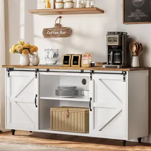 HOMBCK Farmhouse Coffee Bar Cabinet, 58'' Kitchen Buffet Sideboard Storage Cabinet with Adjustable Shelves, White HOMBCK Farmhouse Coffee Bar Cabinet, 58'' Kitchen Buffet Sideboard Storage Cabinet with Adjustable Shelves, White