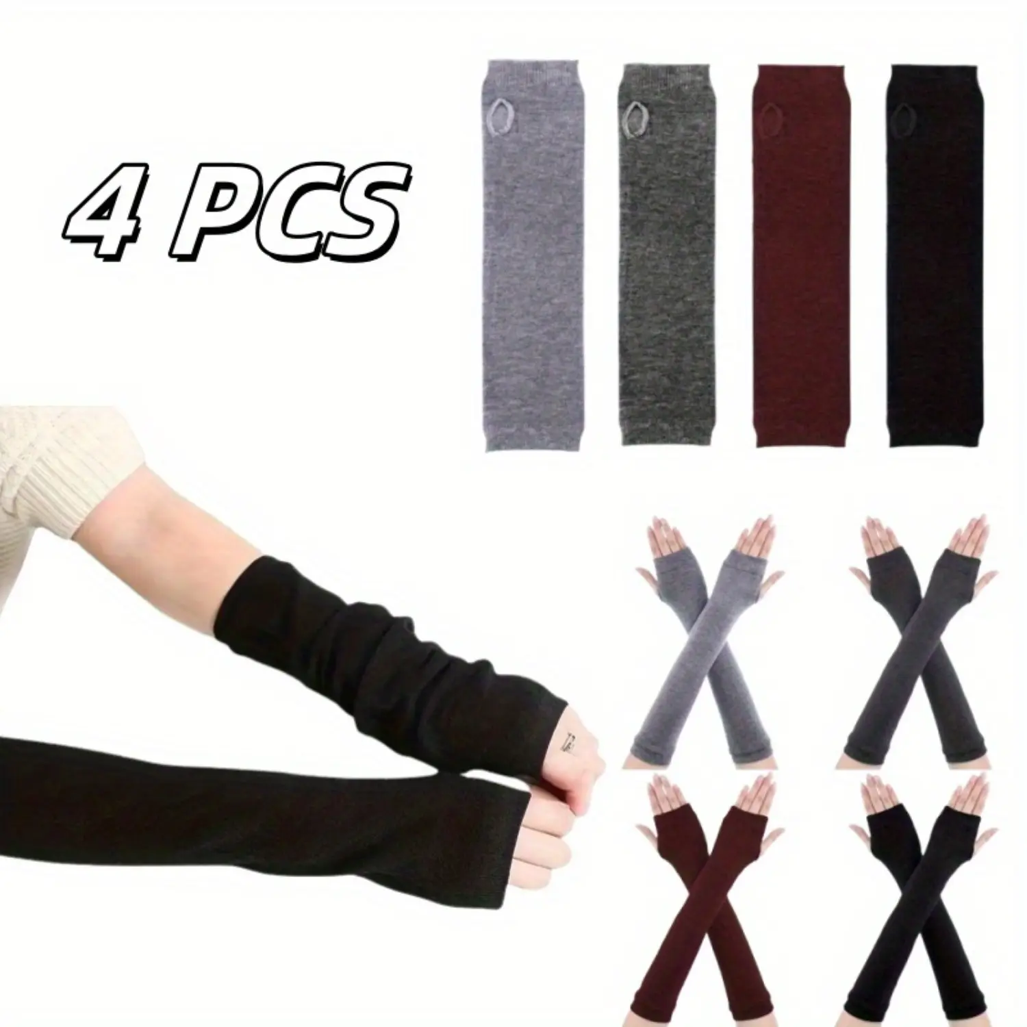 Women's 4-Pair Fingerless Knitted Elbow-Length Arm Warmers, Synthetic Acrylic Fabric, Gothic Party Supplies, Female Birthday Gift
