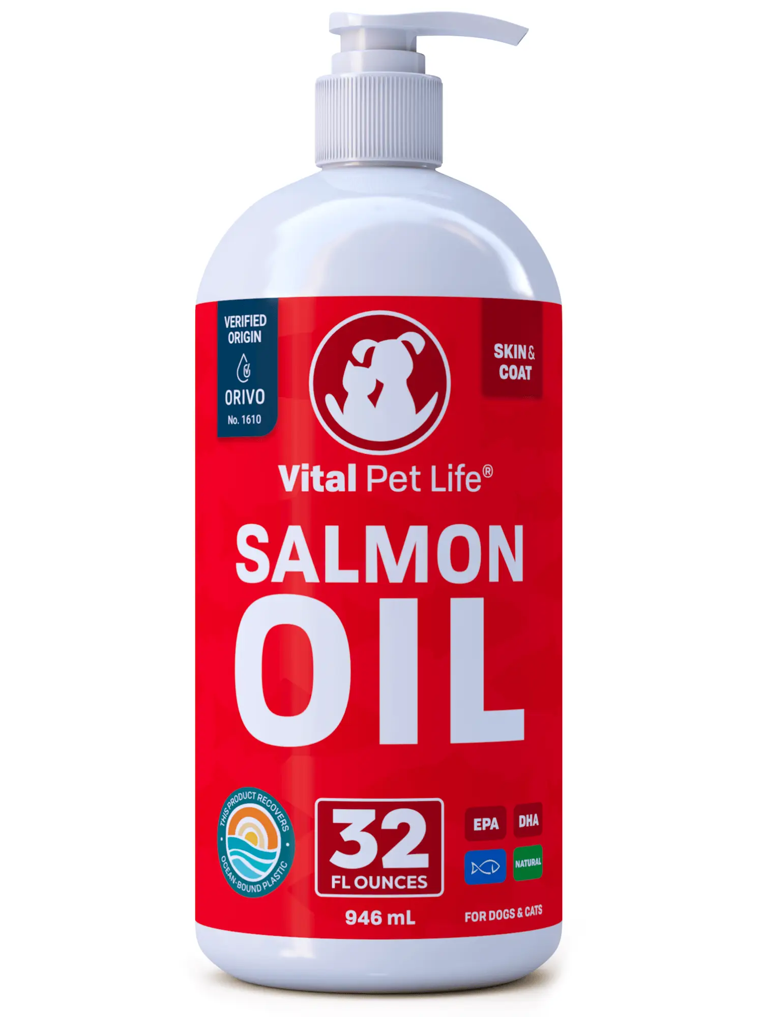 Vital Pet Life Salmon Oil for Dogs and Cats (32 oz, 16 oz, 8 oz) - Healthy Skin & Coat Omega 3