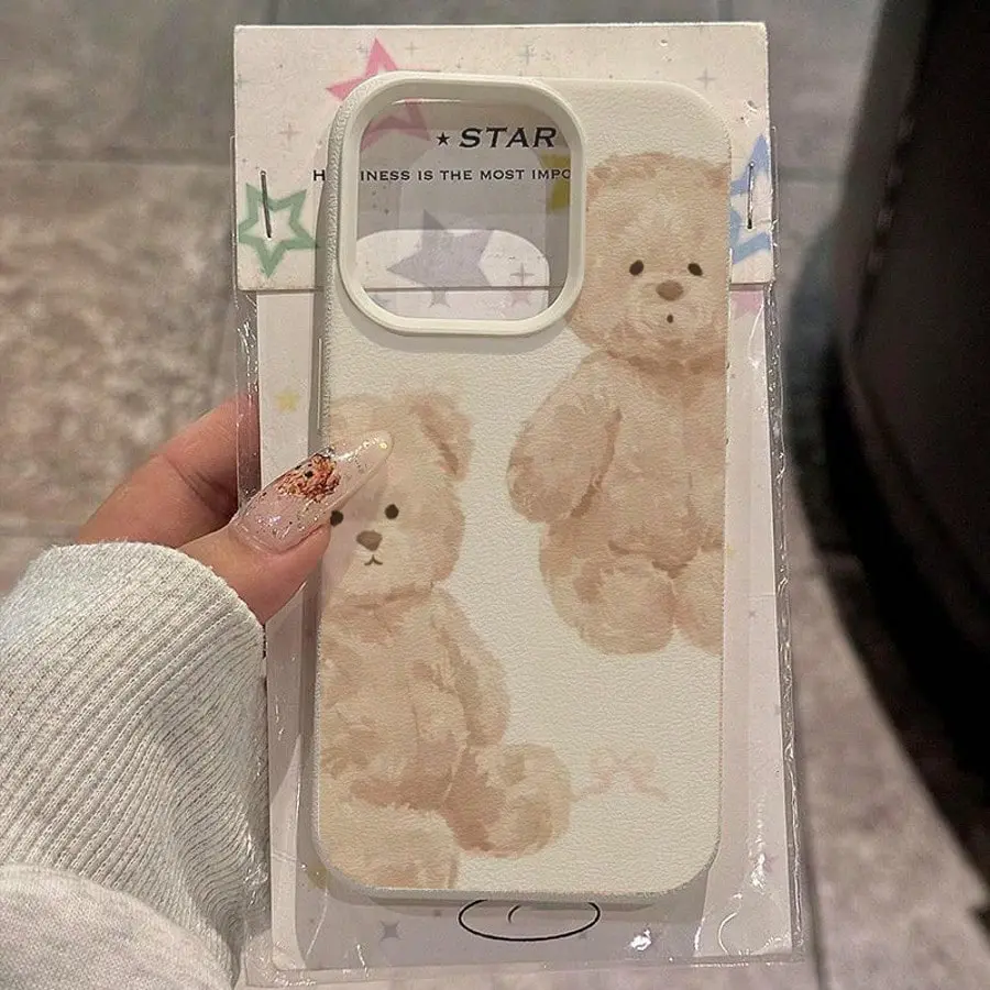 TPU iPhone Cover with 1-Piece Cute Brown Bow Plush, Full-Screen Protector, Handheld Casing & Phone Accessories, Compatible with iPhone 17/16/15/14/13/12/11, Ideal Gift for Friends