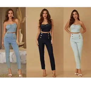 TWO PIECE FLASHY SETS - STRAPLESS TOP AND SKINNY BOTTOM - ZIPPER DETAIL ON THE TOP CUP - SIX BUTTON DETAIL LOOK ON THE PANTS - ZIPPER ON THE TOP AND BOTTOM WAIST