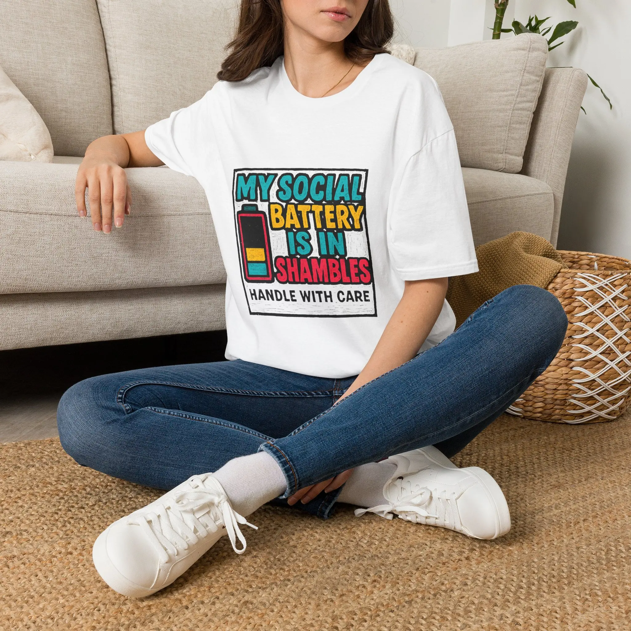 Social Battery Is In Shambles T-Shirt | Funny Introvert Shirt | Handle With Care Sarcastic Tee | Low Battery Humor Graphic Shirt