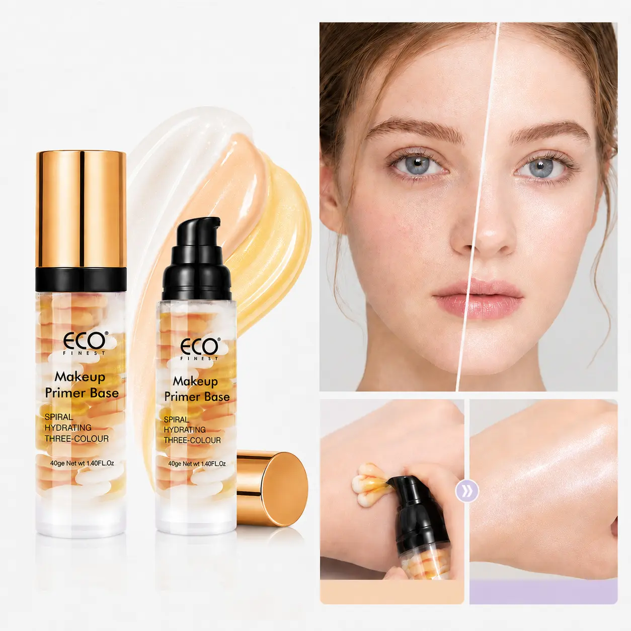 ECO Finest 3-Color Spiral Makeup Primer Base, Hydrating Dewy Glass Skin Primer, Smooth, Moisturizing, UV-Protective, Long-Lasting Daily Radiant Makeup Base