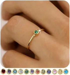 Birthstone Rings for Women Non Tarnish 14K Gold Plated Sterling Silver Stackable Birthday Gifts for Mom Dainty Emerald Green Blue CZ Gemstone Ring for Mothers Daughter Bridesmaid Gifts Jewelry