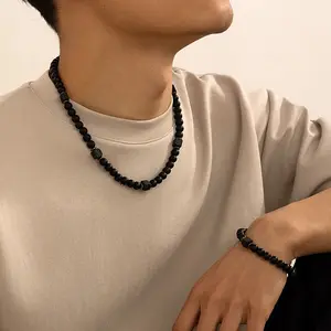 2 Pcs Volcanic Stone Statement Necklace Bracelet Set Men's Hip-Hop Jewelry Set Matte Black Stone Necklace for Men Handmade Jewelry Natural Square  Necklaces