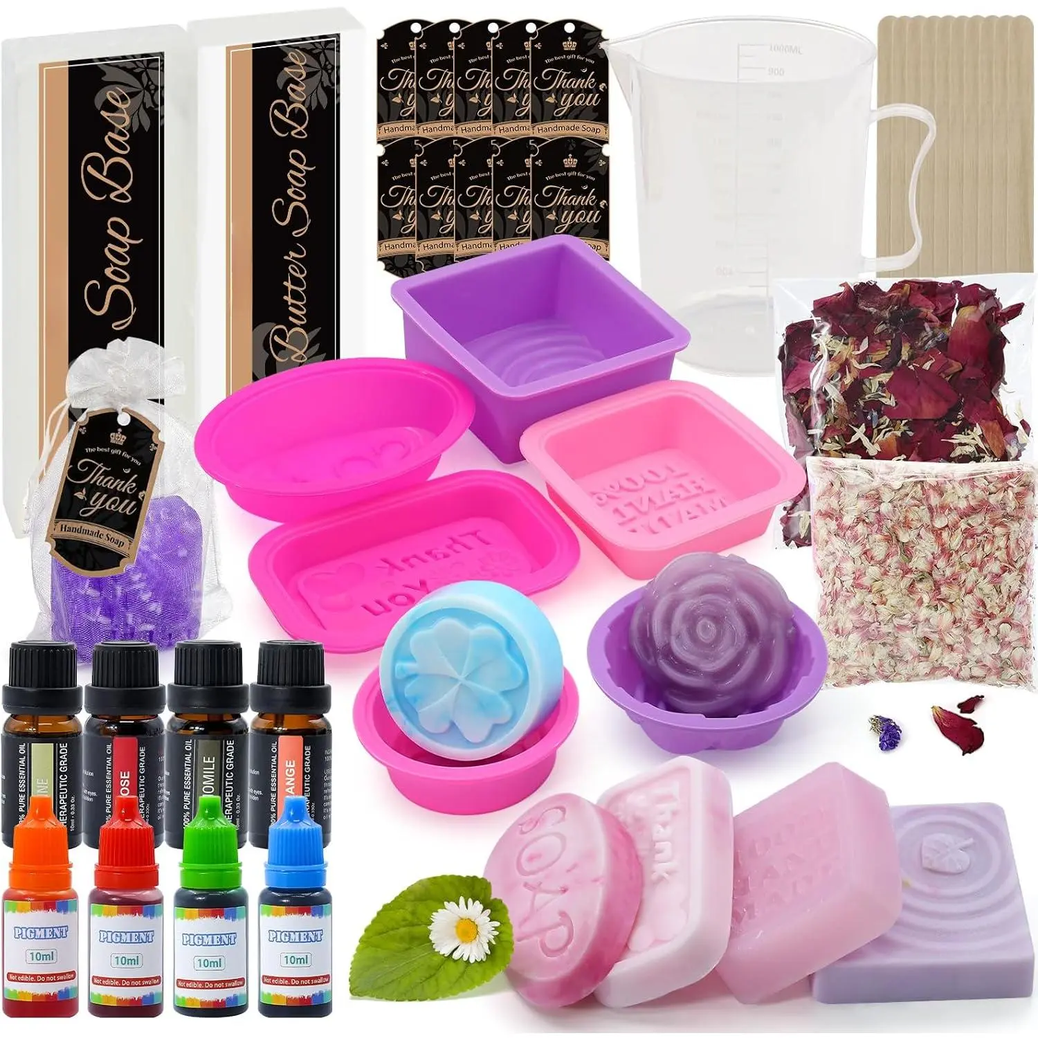 DIY Melt and Pour Soap Kit - Gentle, Skin-Friendly Handcrafting Kit for All Ages, with Soap Base, 6 Silicone Molds, Colorant, Fragrances, Dried Flowers, 0.5L Pitcher, 6 Gift Cards, Essential Oils - Ideal for Birthdays, Parties, Flower-Themed Use, Valentin