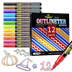 Double Line Outline Permanent Marker, 12 Colors Wave Glitter Marker Set, Self-Contour Metallic Marker Pens for Art, Painting, Graffiti, DIY Crafts