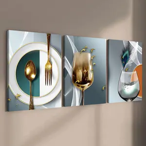 3-Piece Solid Wood Canvas Art Set, Modern Kitchen Dining Room Decor, High-Definition Waterproof Wall Posters, Fashionable Living Room Decoration