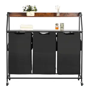 VEVOR 2 Tiers Laundry Sorter, Summervibes,Summervibes, Tall Laundry Hamper with Metal Frame and Wooden Tabletop, 3 Section Rolling Basket Organizer Storage with Ladder Shelves and 600D Oxford Cloth Bags for Dirty Clothes