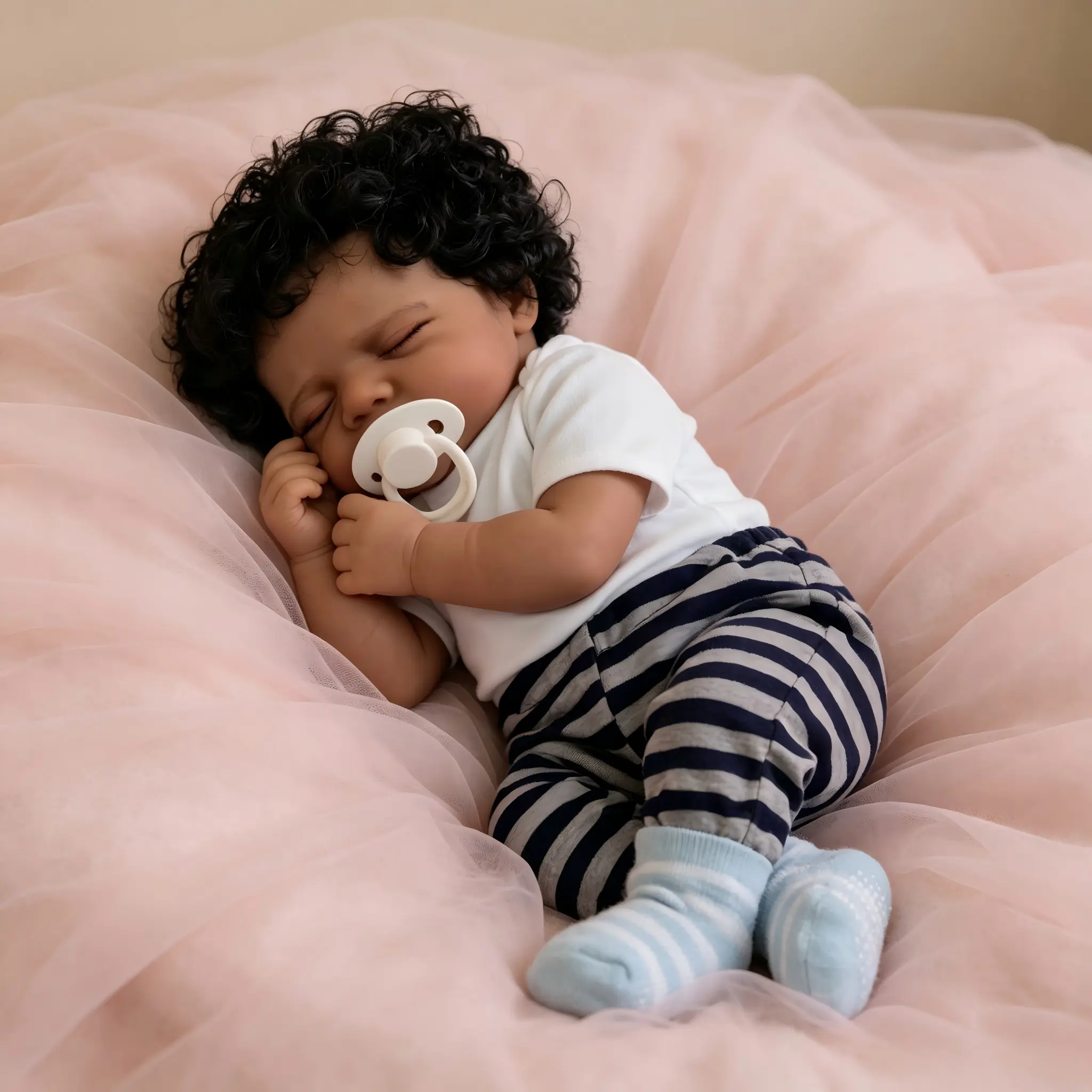 20-Inch Unisex African American Reborn Baby Doll - Newborn-Size, Curly Hair, Magnetic Pacifier with Secure Paci Hold, Striped Outfit, Premium Quality Boxed Christmas Gift Set, Realistic Sleeping Doll with Authentic Features for Nurturing Play