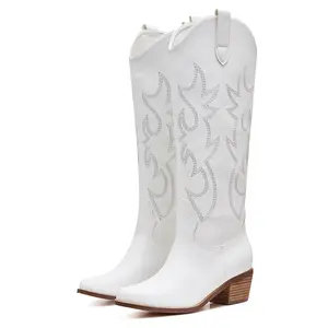 Womens Cowboy Boots White Chicks Boots Pointed Toe Vintage Embriodery Design Chunky Block Heel Knee High Cowgirl Boots Gifts Easy Pull on Work Party Concert Dress Shoes