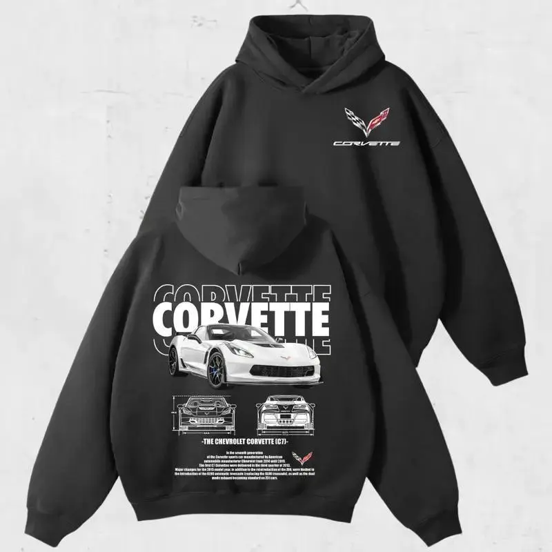 Unisex C7 Graphic Hoodie - Spandex-Blend Cotton Ribbed Pullover, American Retro Design, Classic Chevy Sports Muscle Car Print, CMC Christian McCaffrey Football Big Rig Art, Army Thermal Long Sleeve, Stylish Gift, Hoodies for Women, Everyday