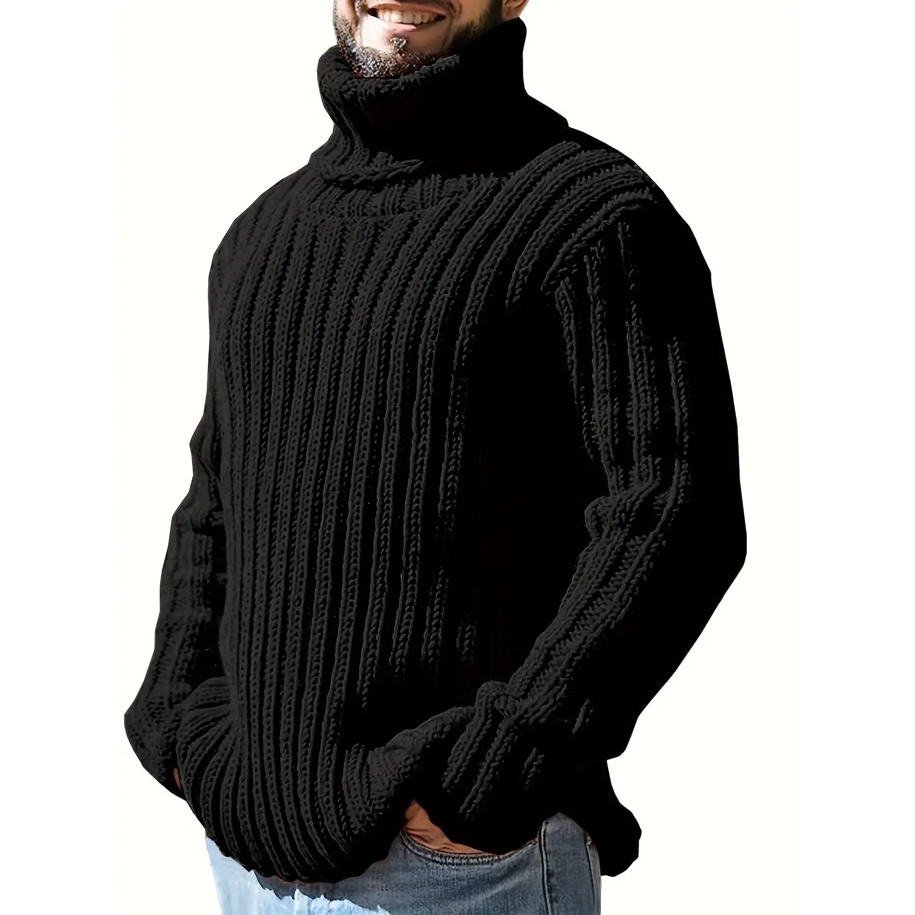 Men'S Fashion Oversized Turtleneck Sweater, Casual Acrylic Knit Fabric, Solid Color, Slight Stretch, Regular Fit, High Neck, for Fall/Winter - 100% Acrylic, Plus Size
