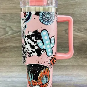 40 oz Tumbler with Cactus Design and Handle for Easy Grip